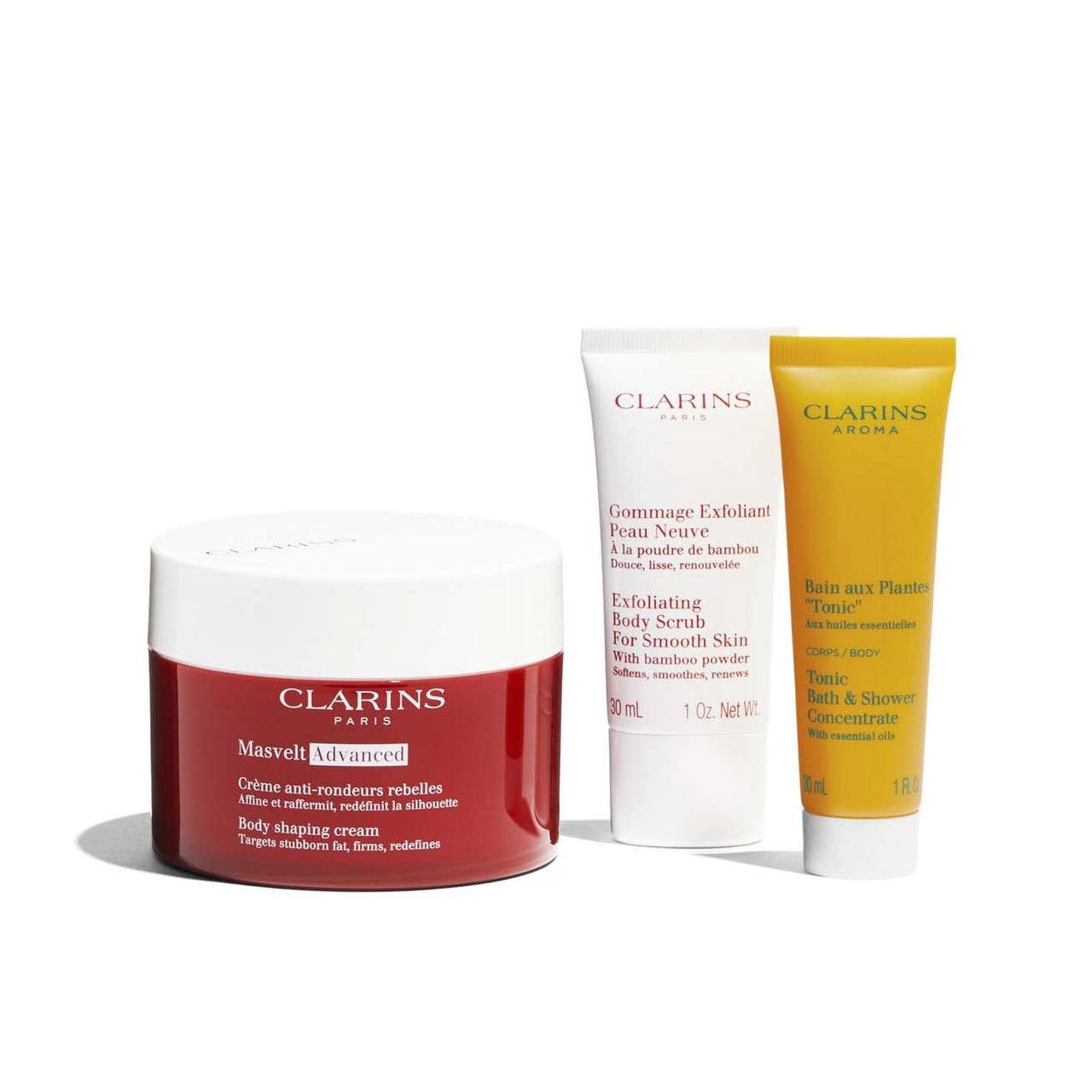 Coffret Clarins-Crème Anti-Rondeurs Rebelles-200ml + Gommage Exfoliant-30ml + Bain aux Plantes “Tonic“ Corps-30ml (3 pièces) - Image 2