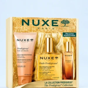 Coffret Nuxe-Huile Prodigieuse-100ml+Huile de Douche-100ml+Le Parfum-15ml+Pochette Dorée (4 pièces)